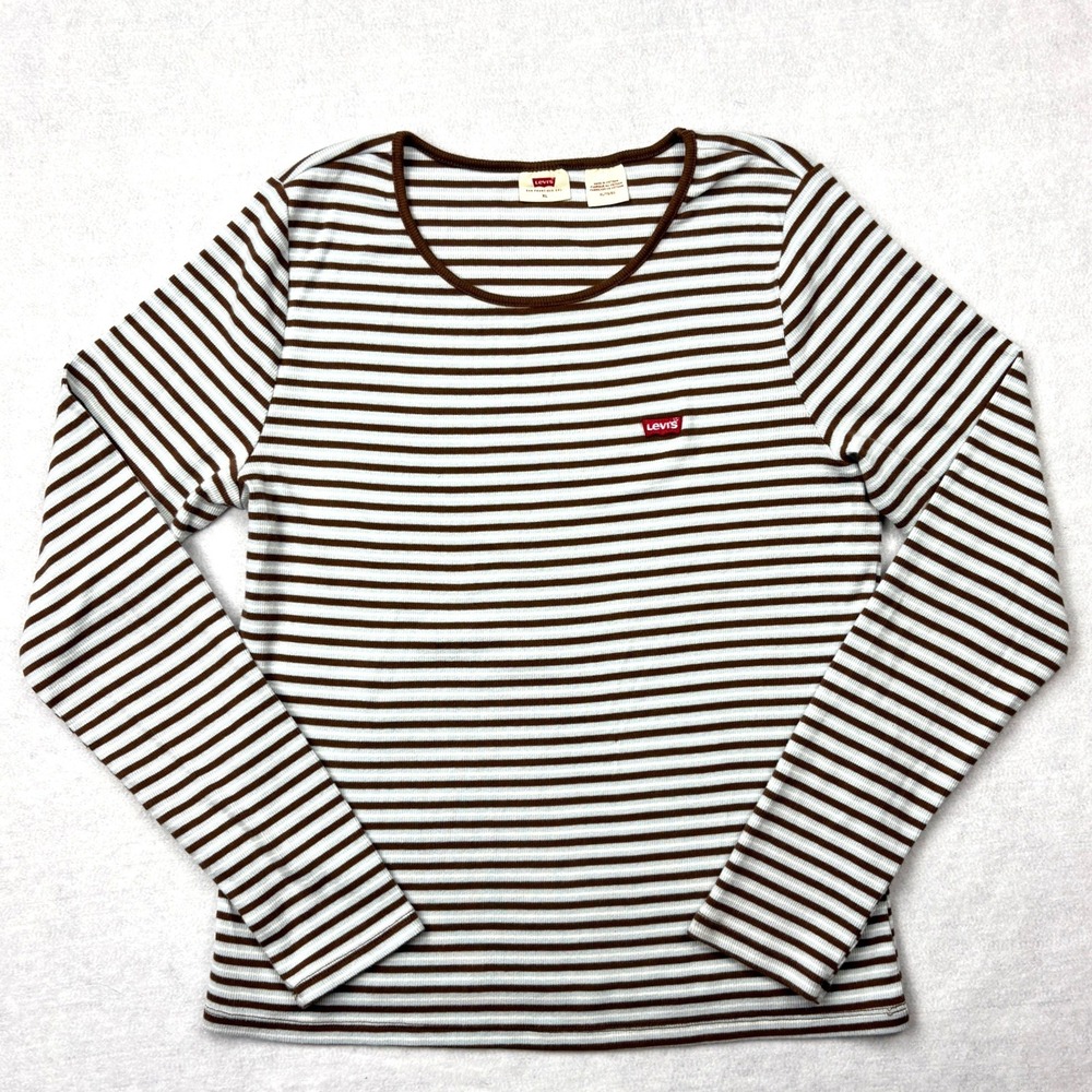 Levis Womens XL Long Sleeve Rib Knit Striped Top Brown Blue Scoop Neck Logo